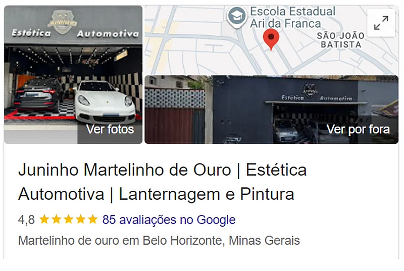 A ficha do Juninho Martelinho de Ouro no Google, com nota 4,8 e 85 avaliações