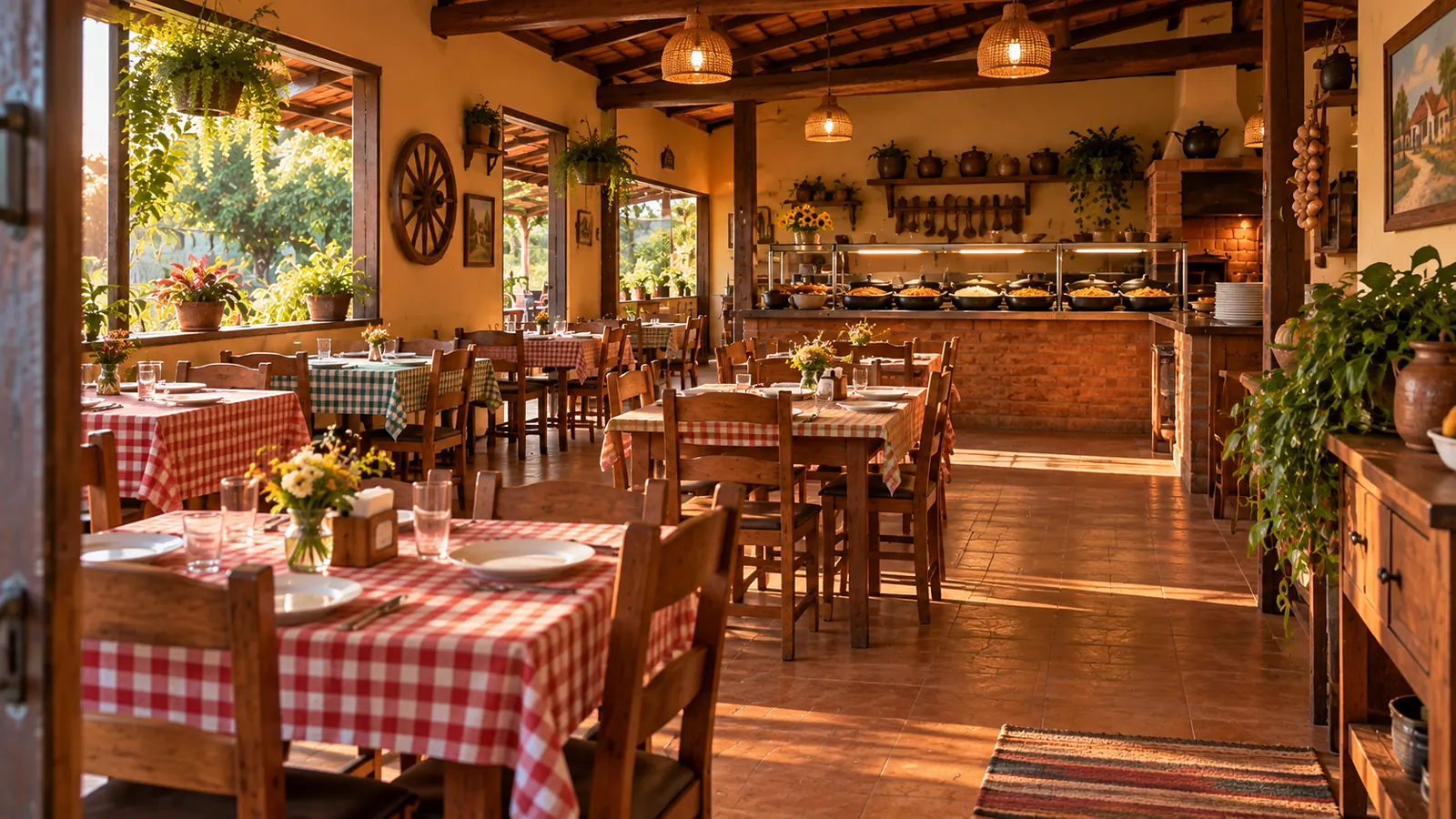 Salão de um restaurante de comida caseira, com mesas postas e luz da tarde